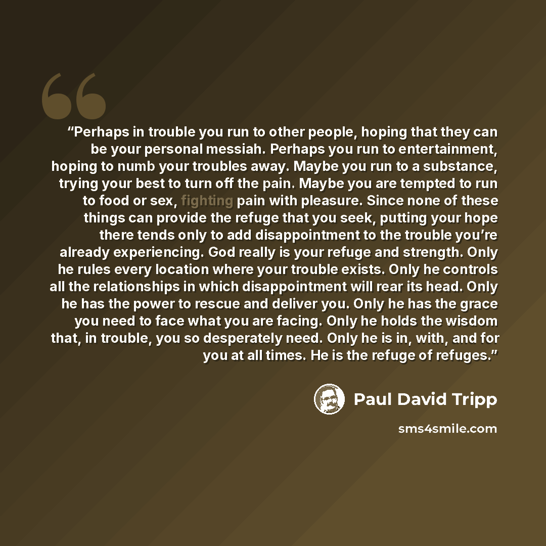 “Perhaps in trouble you run to other people, hoping that they can be your personal messiah. Perhaps you run to entertainment, hoping to numb your troubles away. Maybe you run to a substance, trying your best to turn off the pain. Maybe you are tempted to run to food or sex, fighting pain with…” quote by Paul David Tripp