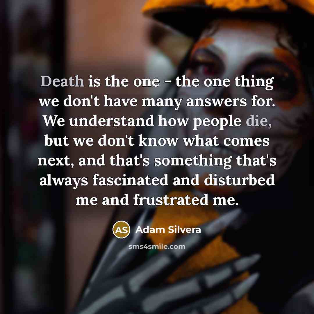 “Death is the one - the one thing we don't have many answers for. We understand how people die, but we don't know what comes next, and that's something that's always fascinated and disturbed me and frustrated me.” quote by Adam Silvera