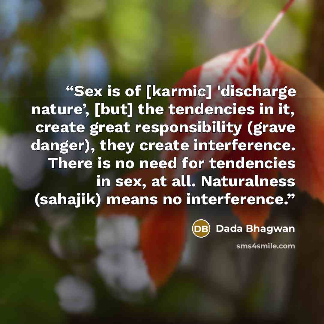 “Sex is of [karmic] 'discharge nature’, [but] the tendencies in it, create great responsibility (grave danger), they create interference. There is no need for tendencies in sex, at all. Naturalness (sahajik) means no interference.” quote by Dada Bhagwan