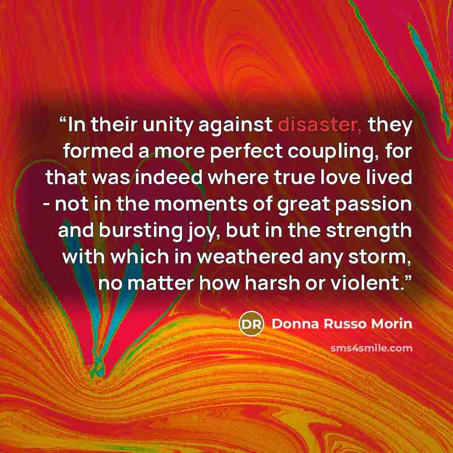 “In their unity against disaster, they formed a more perfect coupling, for that was indeed where true love lived - not in the moments of great passion and bursting joy, but in the strength with which in weathered any storm, no matter how harsh or violent.” quote by Donna Russo Morin