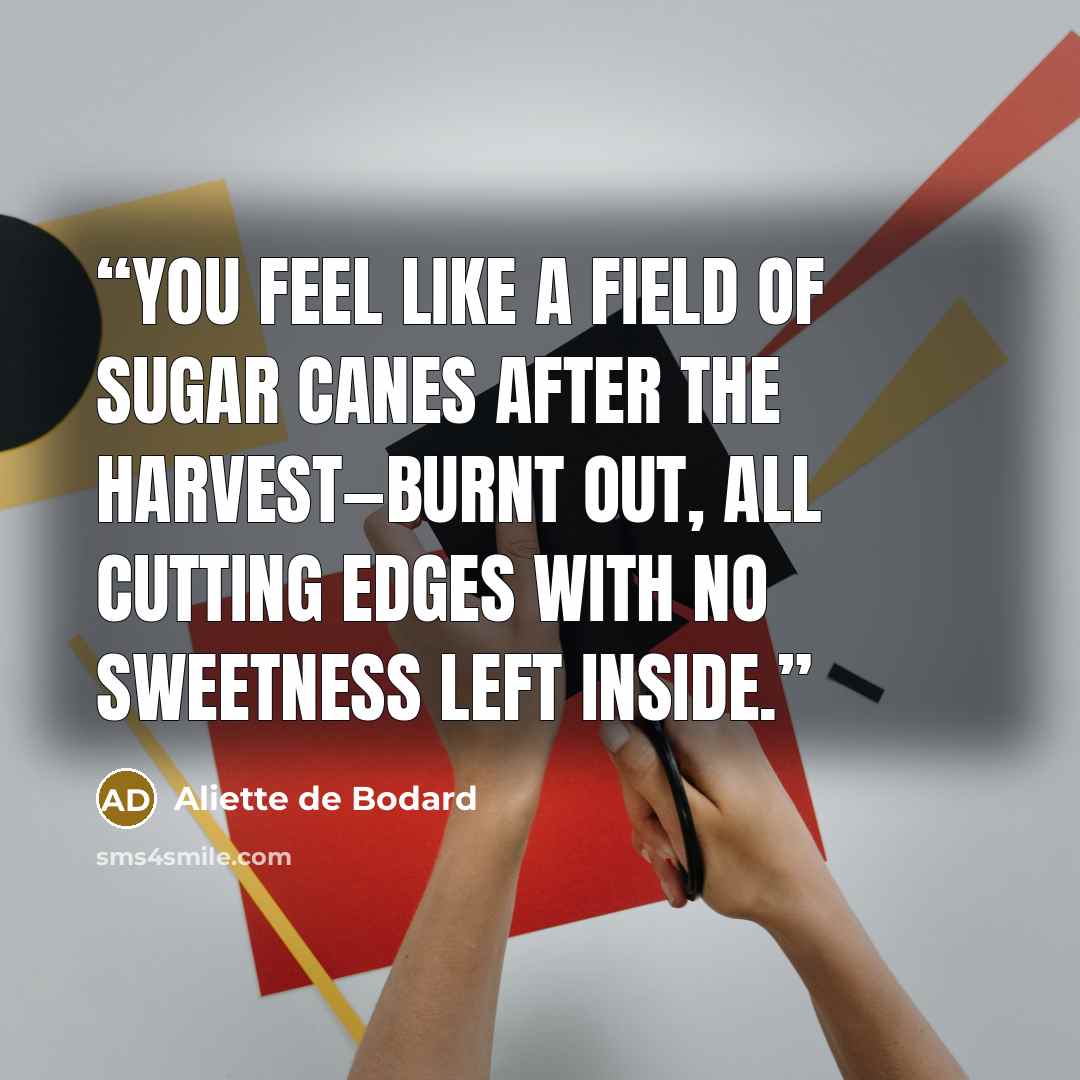 “you feel like a field of sugar canes after the harvest—burnt out, all cutting edges with no sweetness left inside.” quote by Aliette de Bodard