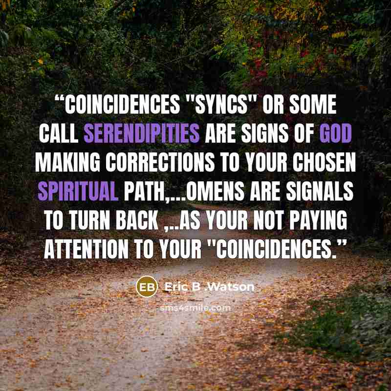 “Coincidences "Syncs" or some call Serendipities are signs of God making corrections to your chosen spiritual path,…Omens are signals to turn back ,..as your not paying attention to your "Coincidences.” quote by Eric B .Watson