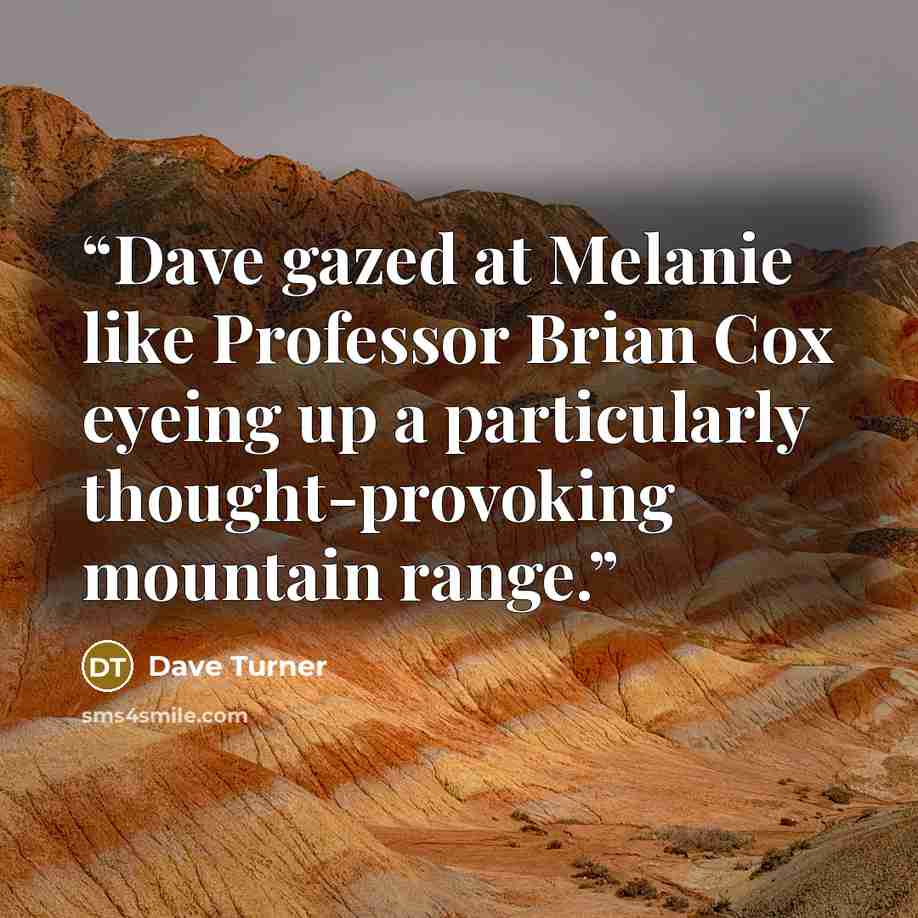 “Dave gazed at Melanie like Professor Brian Cox eyeing up a particularly thought-provoking mountain range.” quote by Dave Turner