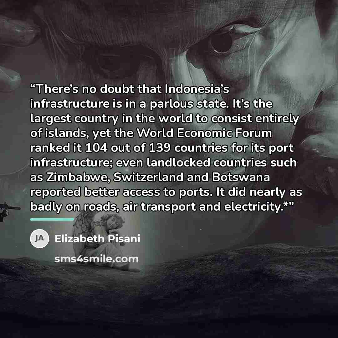 “There’s no doubt that Indonesia’s infrastructure is in a parlous state. It’s the largest country in the world to consist entirely of islands, yet the World Economic Forum ranked it 104 out of 139 countries for its port infrastructure; even landlocked countries such as Zimbabwe, Switzerland and…” quote by Elizabeth Pisani