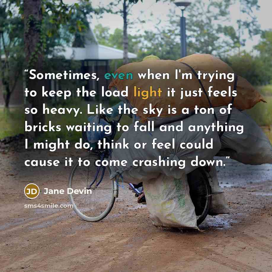 “Sometimes, even when I'm trying to keep the load light it just feels so heavy. Like the sky is a ton of bricks waiting to fall and anything I might do, think or feel could cause it to come crashing down.” quote by Jane Devin