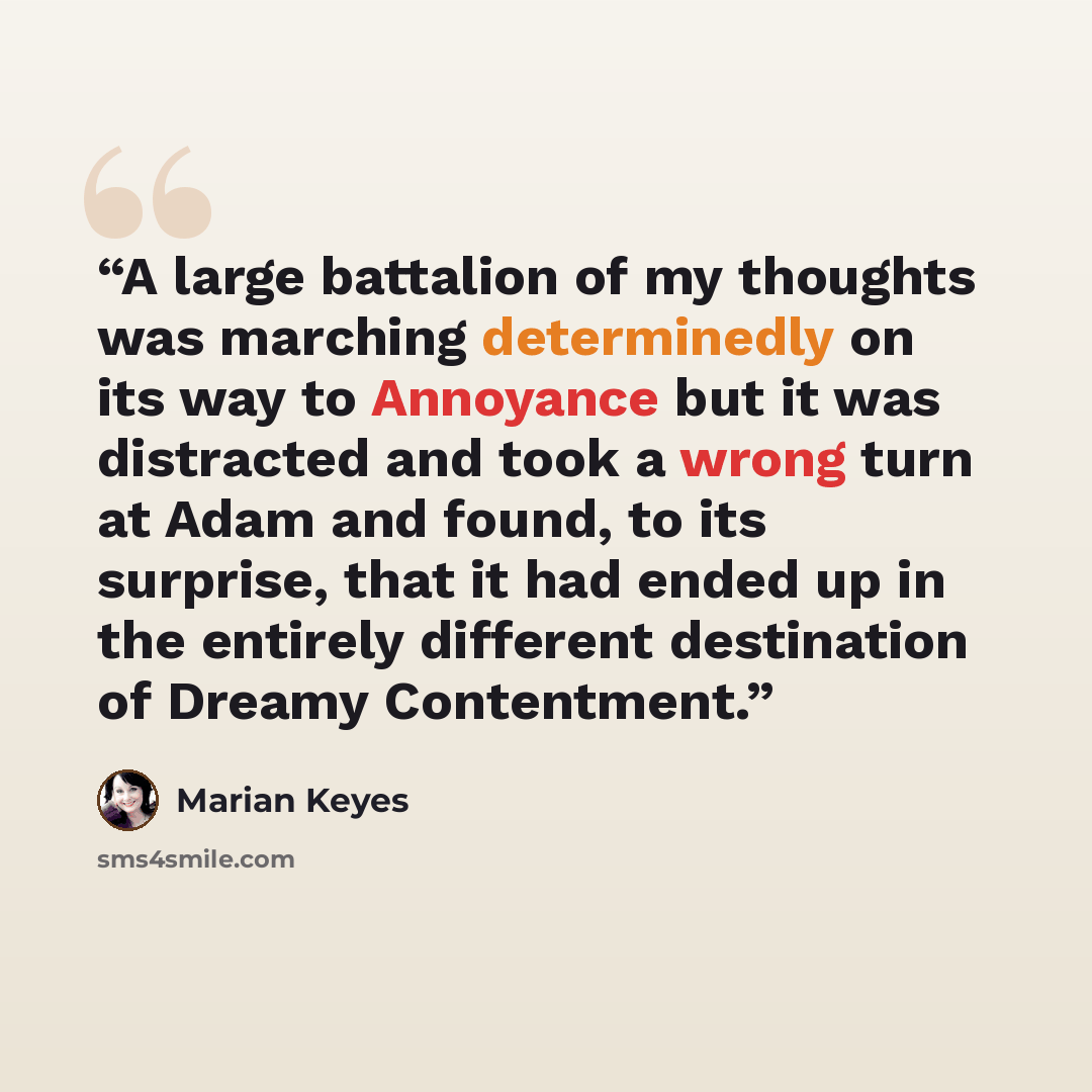 “A large battalion of my thoughts was marching determinedly on its way to Annoyance but it was distracted and took a wrong turn at Adam and found, to its surprise, that it had ended up in the entirely different destination of Dreamy Contentment.” quote by Marian Keyes