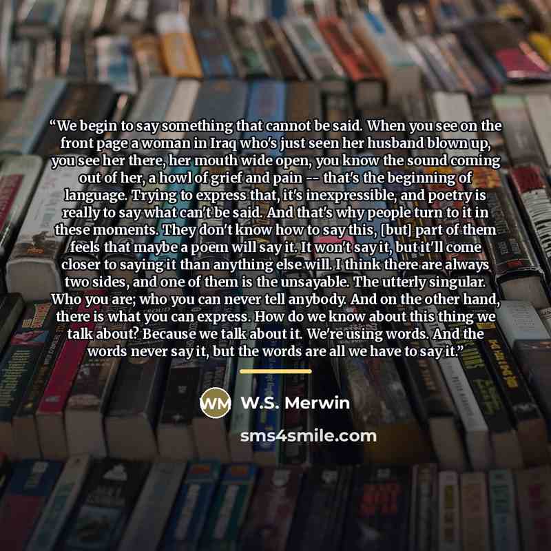 “We begin to say something that cannot be said. When you see on the front page a woman in Iraq who's just seen her husband blown up, you see her there, her mouth wide open, you know the sound coming out of her, a howl of grief and pain -- that's the beginning of language. Trying to express that…” quote by W.S. Merwin