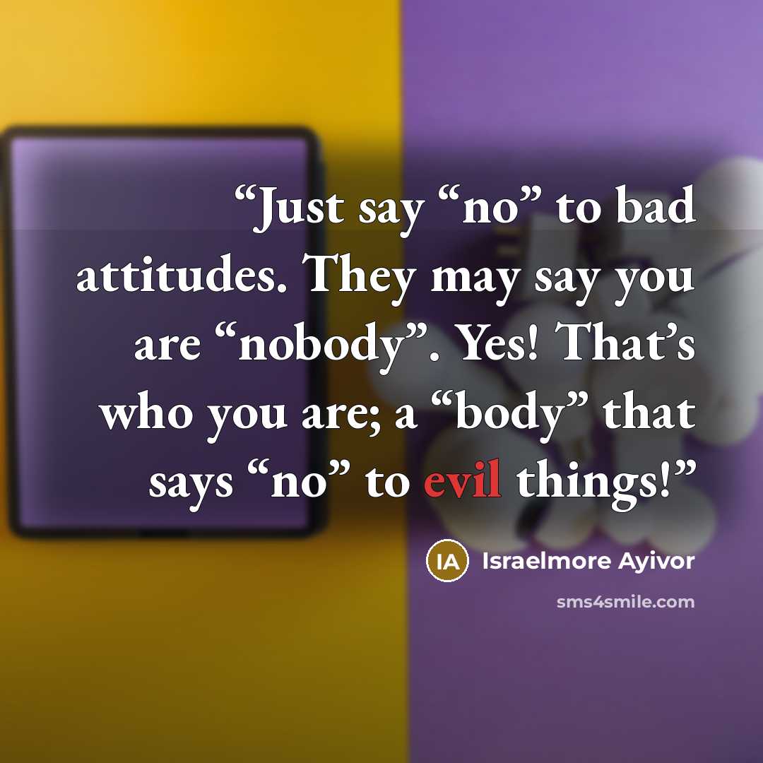 “Just say “no” to bad attitudes. They may say you are “nobody”. Yes! That’s who you are; a “body” that says “no” to evil things!” quote by Israelmore Ayivor