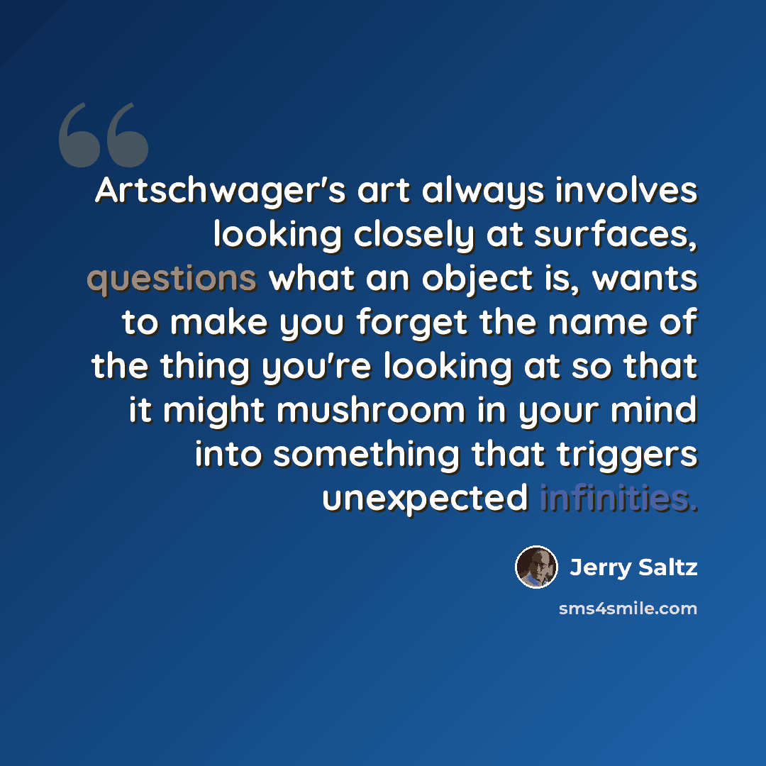 “Artschwager's art always involves looking closely at surfaces, questions what an object is, wants to make you forget the name of the thing you're looking at so that it might mushroom in your mind into something that triggers unexpected infinities.” quote by Jerry Saltz