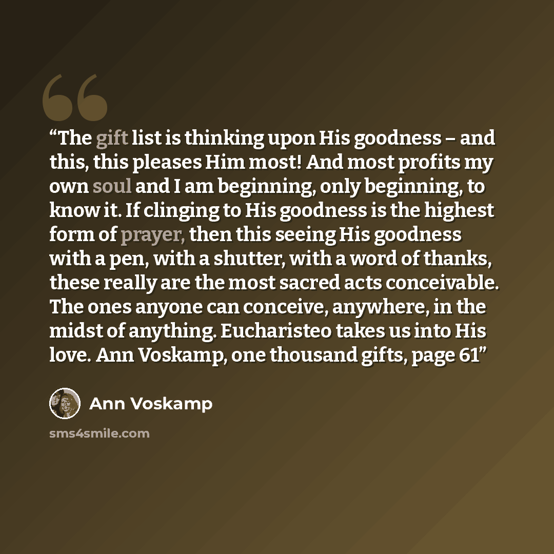 “The gift list is thinking upon His goodness – and this, this pleases Him most! And most profits my own soul and I am beginning, only beginning, to know it. If clinging to His goodness is the highest form of prayer, then this seeing His goodness with a pen, with a shutter, with a word of thanks…” quote by Ann Voskamp