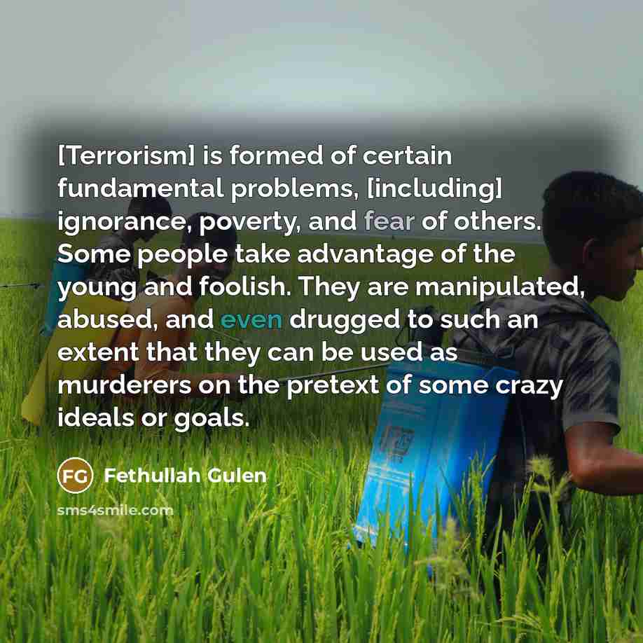 “[Terrorism] is formed of certain fundamental problems, [including] ignorance, poverty, and fear of others. Some people take advantage of the young and foolish. They are manipulated, abused, and even drugged to such an extent that they can be used as murderers on the pretext of some crazy ideals or…” quote by Fethullah Gulen