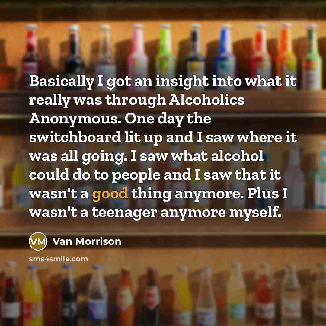 “Basically I got an insight into what it really was through Alcoholics Anonymous. One day the switchboard lit up and I saw where it was all going. I saw what alcohol could do to people and I saw that it wasn't a good thing anymore. Plus I wasn't a teenager anymore myself.” quote by Van Morrison