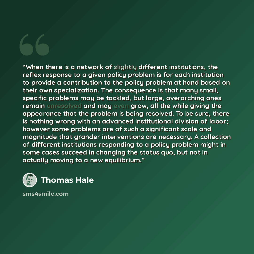 “When there is a network of slightly different institutions, the reflex response to a given policy problem is for each institution to provide a contribution to the policy problem at hand based on their own specialization. The consequence is that many small, specific problems may be tackled, but…” quote by Thomas Hale