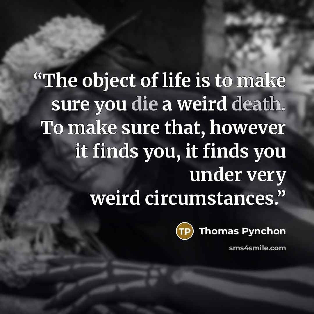 “The object of life is to make sure you die a weird death. To make sure that, however it finds you, it finds you under very weird circumstances.” quote by Thomas Pynchon