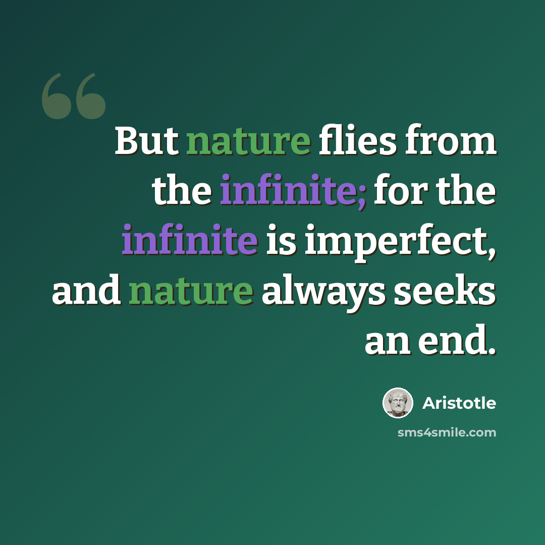 “But nature flies from the infinite; for the infinite is imperfect, and nature always seeks an end.” quote by Aristotle