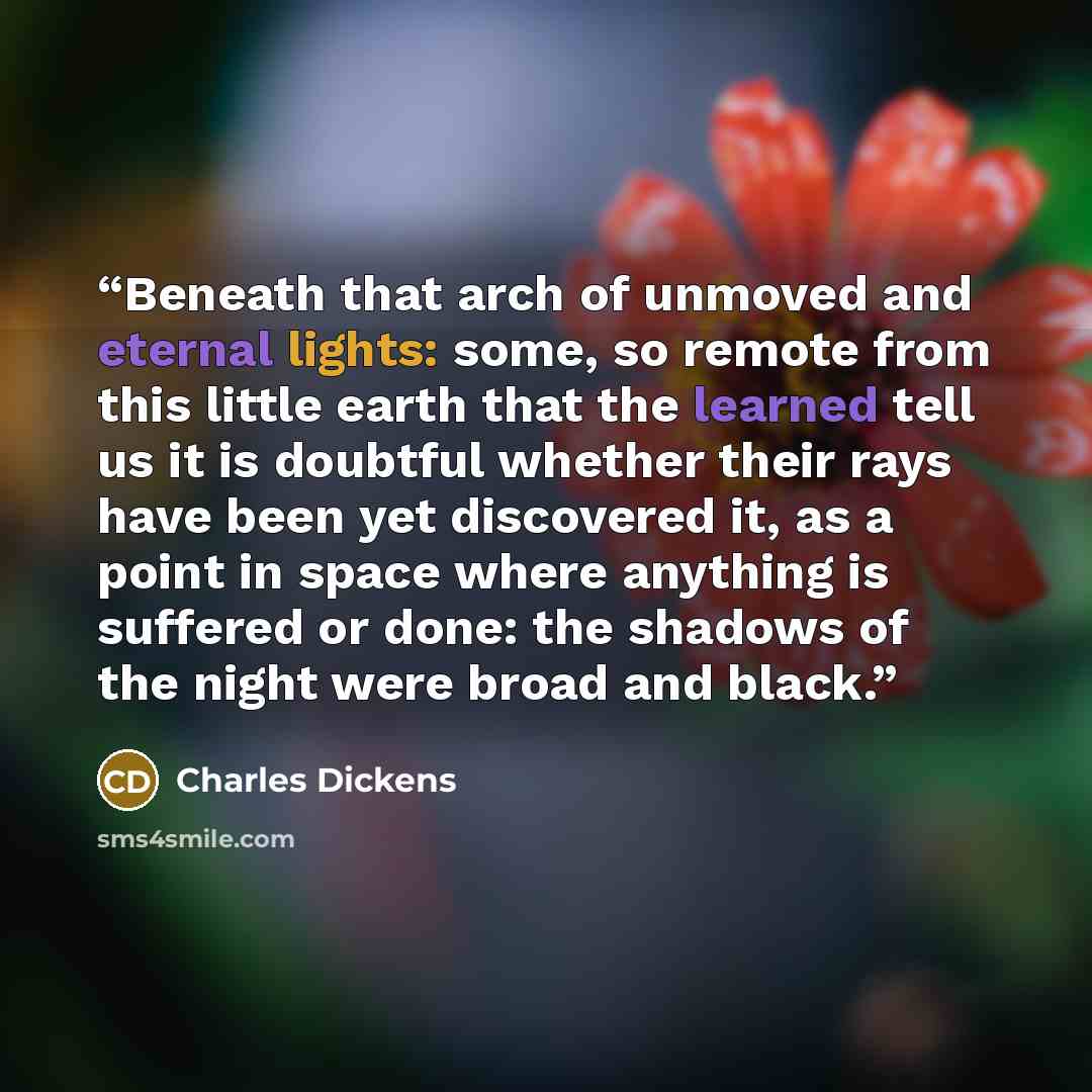 “Beneath that arch of unmoved and eternal lights: some, so remote from this little earth that the learned tell us it is doubtful whether their rays have been yet discovered it, as a point in space where anything is suffered or done: the shadows of the night were broad and black.” quote by Charles Dickens