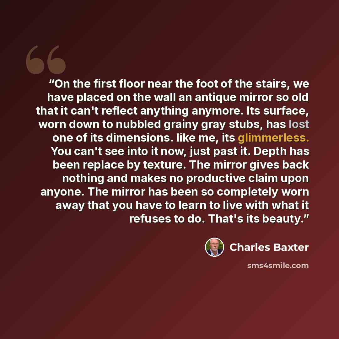 “On the first floor near the foot of the stairs, we have placed on the wall an antique mirror so old that it can't reflect anything anymore. Its surface, worn down to nubbled grainy gray stubs, has lost one of its dimensions. like me, its glimmerless. You can't see into it now, just past it. Depth…” quote by Charles Baxter