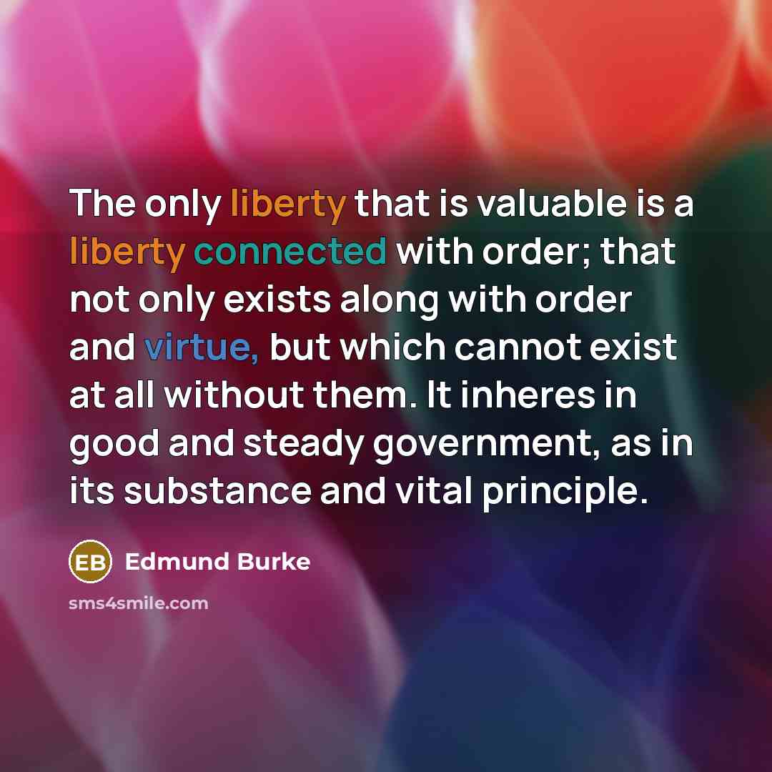 “The only liberty that is valuable is a liberty connected with order; that not only exists along with order and virtue, but which cannot exist at all without them. It inheres in good and steady government, as in its substance and vital principle.” quote by Edmund Burke
