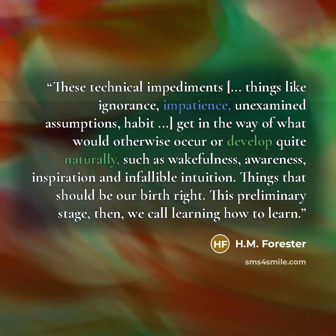 “These technical impediments [... things like ignorance, impatience, unexamined assumptions, habit ...] get in the way of what would otherwise occur or develop quite naturally, such as wakefulness, awareness, inspiration and infallible intuition. Things that should be our birth right. This…” quote by H.M. Forester