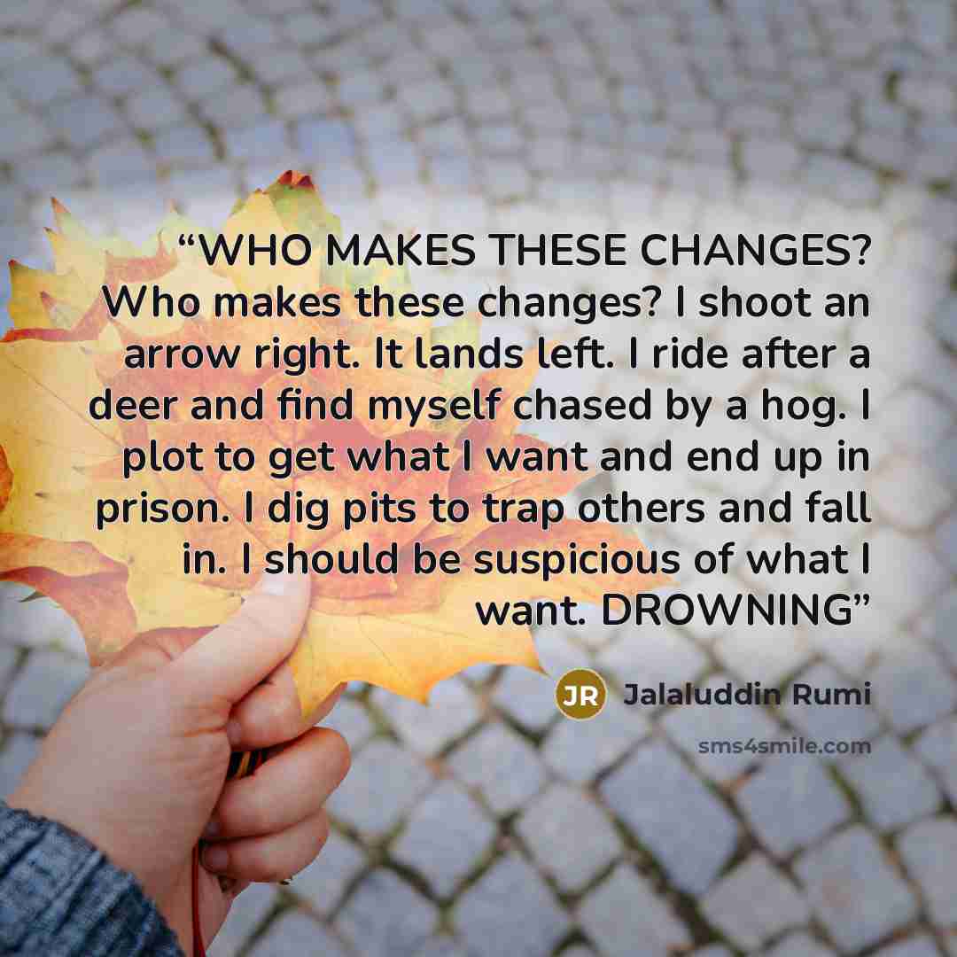 “WHO MAKES THESE CHANGES? Who makes these changes? I shoot an arrow right. It lands left. I ride after a deer and find myself chased by a hog. I plot to get what I want and end up in prison. I dig pits to trap others and fall in. I should be suspicious of what I want. DROWNING” quote by Jalaluddin Rumi