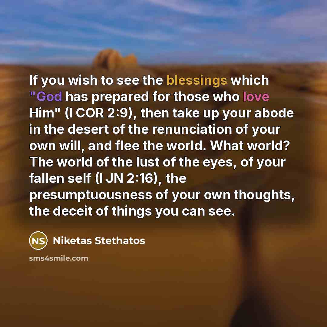 “If you wish to see the blessings which "God has prepared for those who love Him" (I COR 2:9), then take up your abode in the desert of the renunciation of your own will, and flee the world. What world? The world of the lust of the eyes, of your fallen self (I JN 2:16), the presumptuousness of your…” quote by Niketas Stethatos