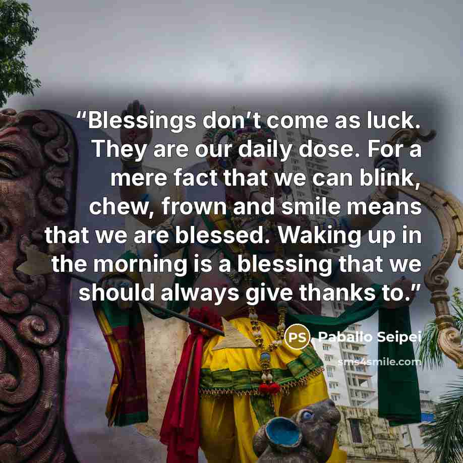 “Blessings don’t come as luck. They are our daily dose. For a mere fact that we can blink, chew, frown and smile means that we are blessed. Waking up in the morning is a blessing that we should always give thanks to.” quote by Paballo Seipei
