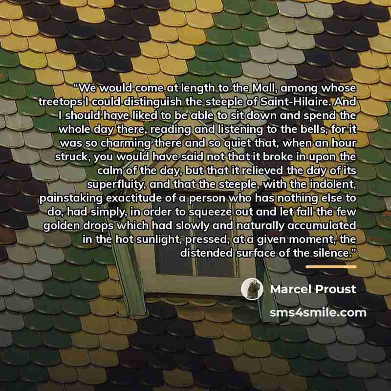 “We would come at length to the Mall, among whose treetops I could distinguish the steeple of Saint-Hilaire. And I should have liked to be able to sit down and spend the whole day there, reading and listening to the bells, for it was so charming there and so quiet that, when an hour struck, you…” quote by Marcel Proust