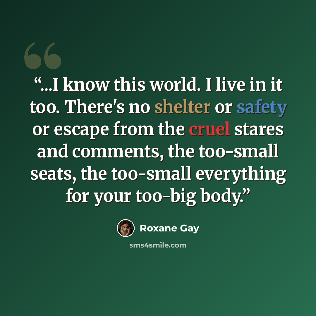 “...I know this world. I live in it too. There's no shelter or safety or escape from the cruel stares and comments, the too-small seats, the too-small everything for your too-big body.” quote by Roxane Gay