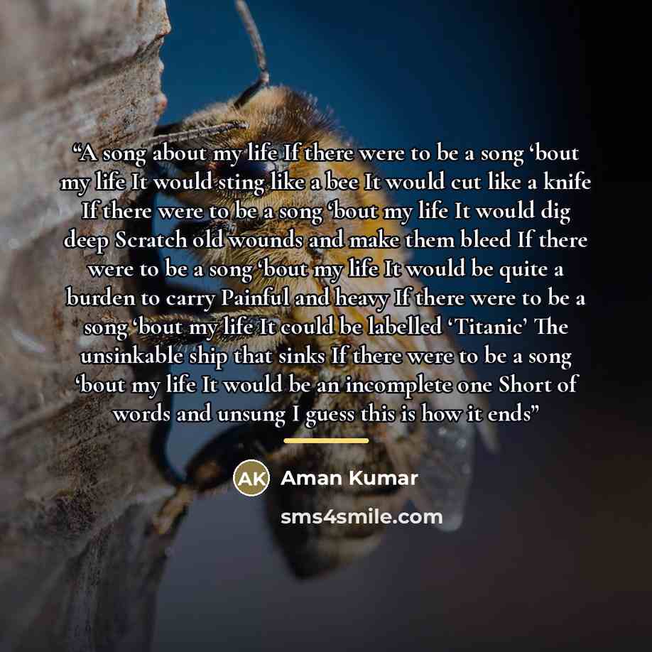 “A song about my life If there were to be a song ‘bout my life It would sting like a bee It would cut like a knife If there were to be a song ‘bout my life It would dig deep Scratch old wounds and make them bleed If there were to be a song ‘bout my life It would be quite a burden to carry Painful…” quote by Aman Kumar