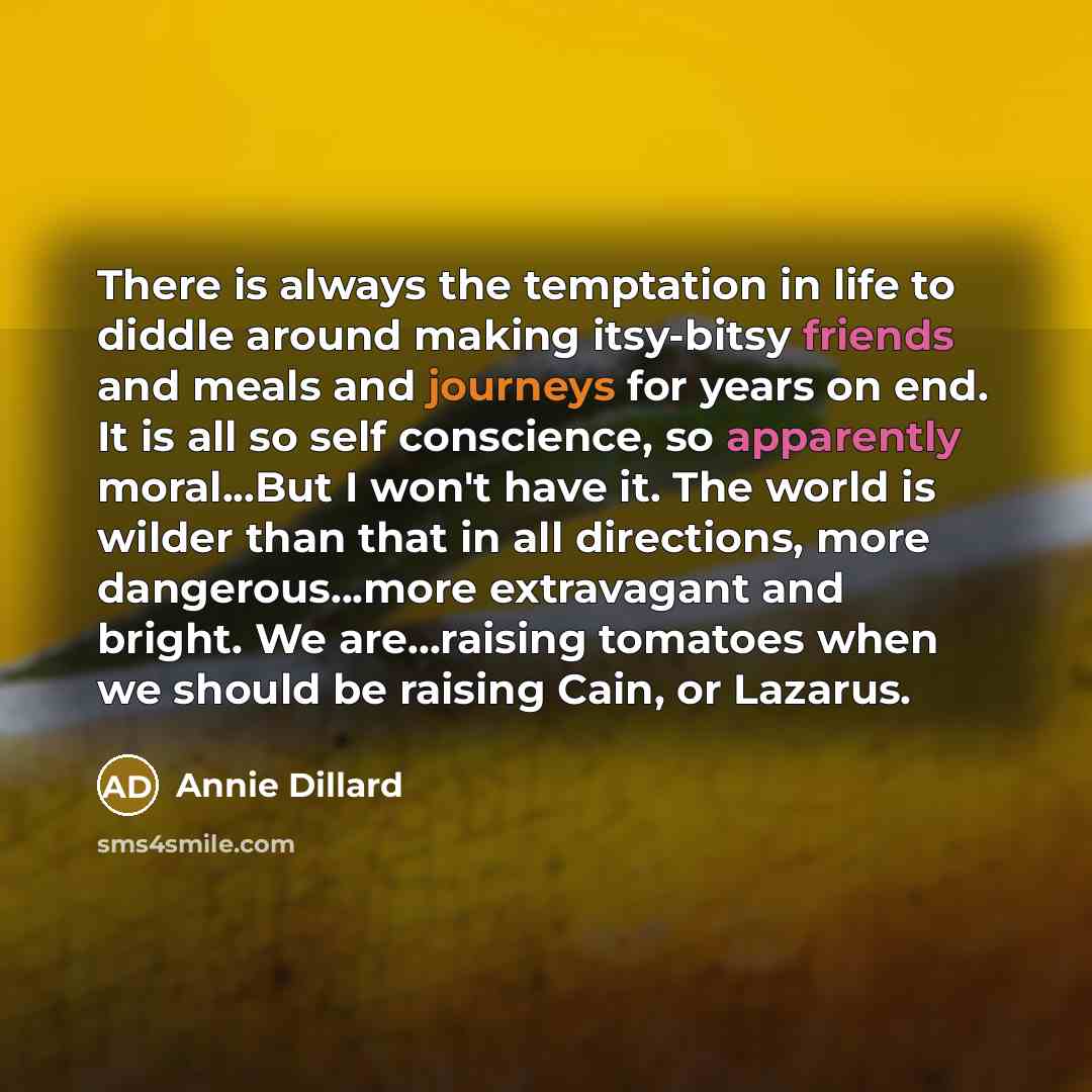 “There is always the temptation in life to diddle around making itsy-bitsy friends and meals and journeys for years on end. It is all so self conscience, so apparently moral...But I won't have it. The world is wilder than that in all directions, more dangerous...more extravagant and bright. We…” quote by Annie Dillard