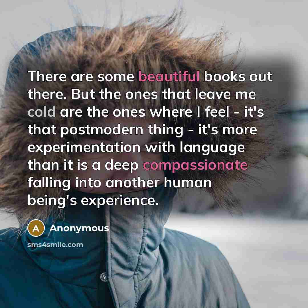 “There are some beautiful books out there. But the ones that leave me cold are the ones where I feel - it's that postmodern thing - it's more experimentation with language than it is a deep compassionate falling into another human being's experience.” quote by Anonymous