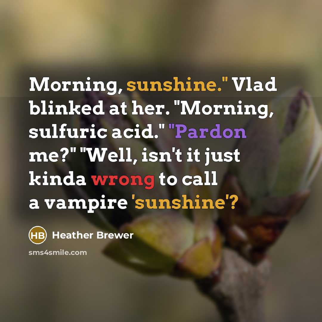 “Morning, sunshine." Vlad blinked at her. "Morning, sulfuric acid." "Pardon me?" "Well, isn't it just kinda wrong to call a vampire 'sunshine'?” quote by Heather Brewer