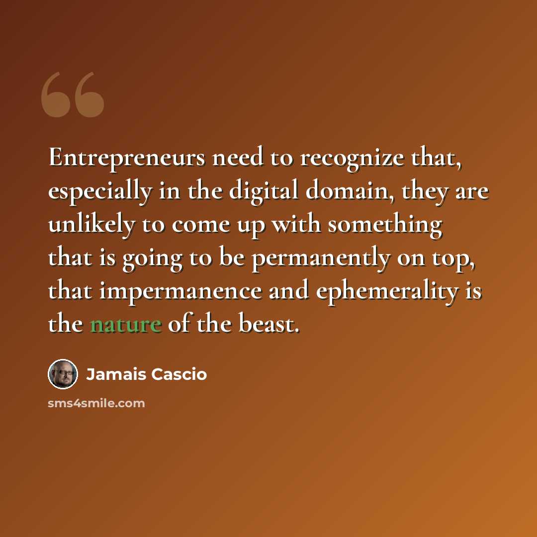 “Entrepreneurs need to recognize that, especially in the digital domain, they are unlikely to come up with something that is going to be permanently on top, that impermanence and ephemerality is the nature of the beast.” quote by Jamais Cascio
