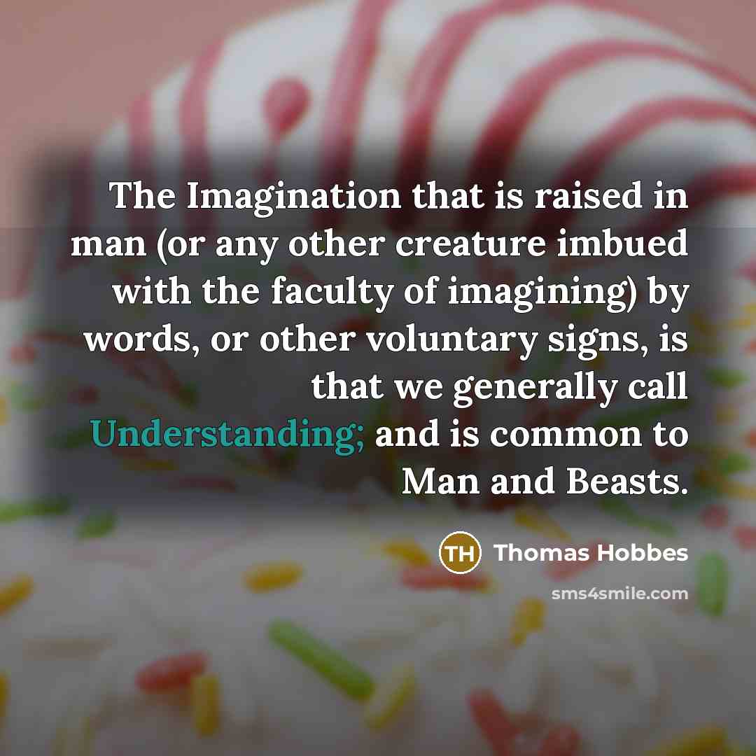 “The Imagination that is raised in man (or any other creature imbued with the faculty of imagining) by words, or other voluntary signs, is that we generally call Understanding; and is common to Man and Beasts.” quote by Thomas Hobbes