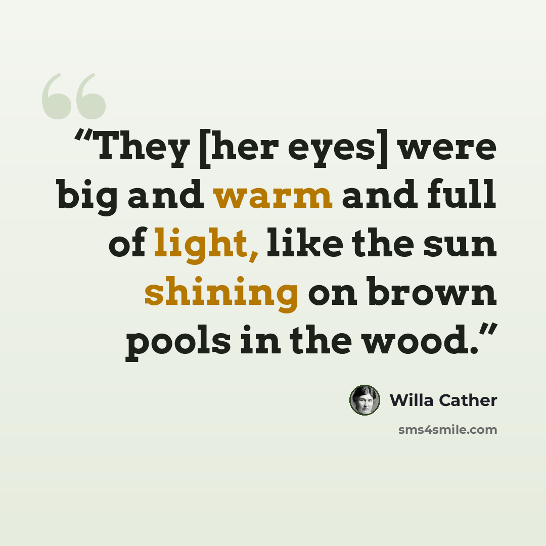 “They [her eyes] were big and warm and full of light, like the sun shining on brown pools in the wood.” quote by Willa Cather