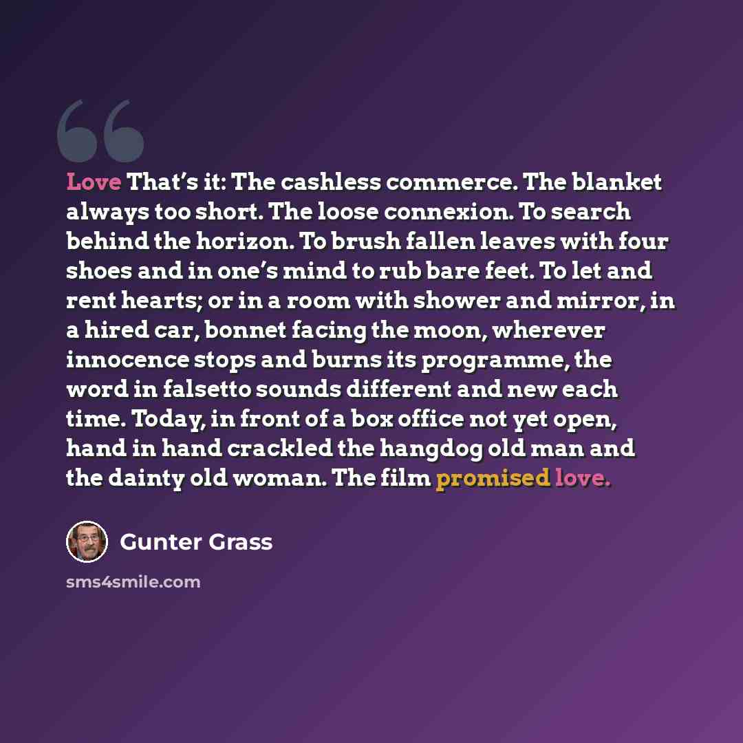 “Love That’s it: The cashless commerce. The blanket always too short. The loose connexion. To search behind the horizon. To brush fallen leaves with four shoes and in one’s mind to rub bare feet. To let and rent hearts; or in a room with shower and mirror, in a hired car, bonnet facing the moon…” quote by Gunter Grass