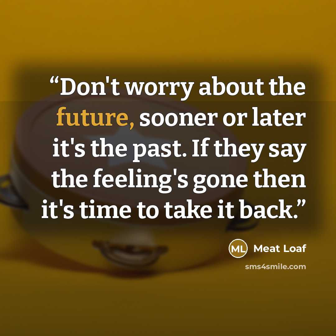 “Don't worry about the future, sooner or later it's the past. If they say the feeling's gone then it's time to take it back.” quote by Meat Loaf