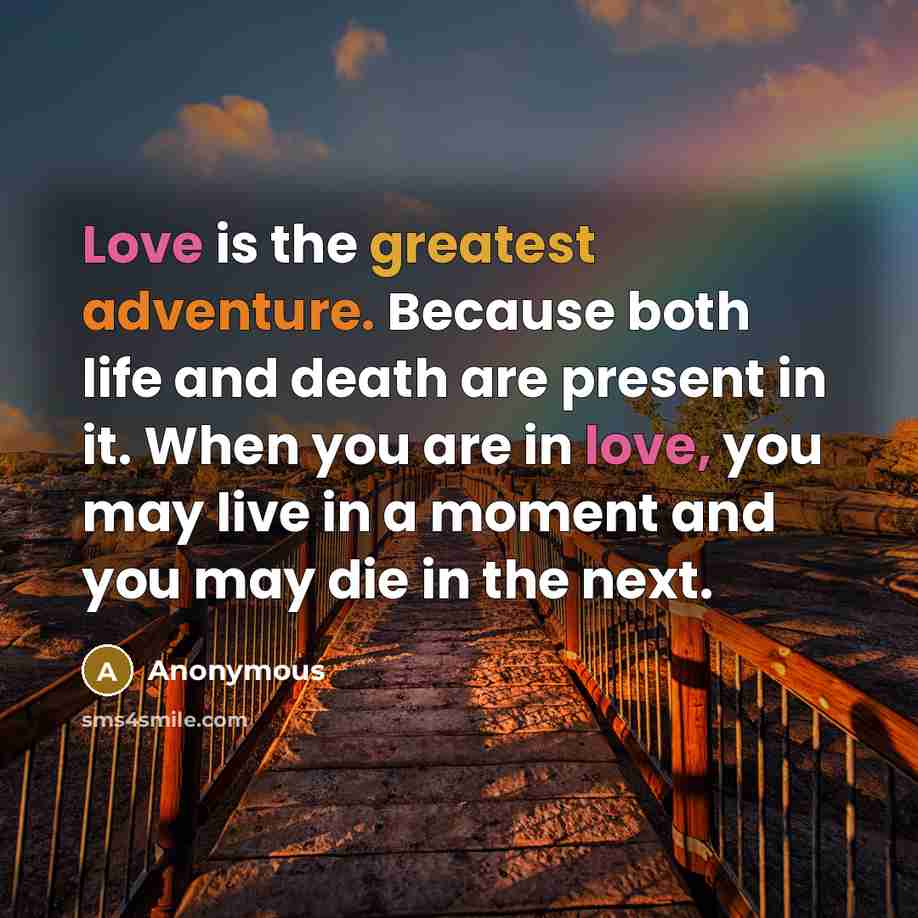 “Love is the greatest adventure. Because both life and death are present in it. When you are in love, you may live in a moment and you may die in the next.” quote by Anonymous