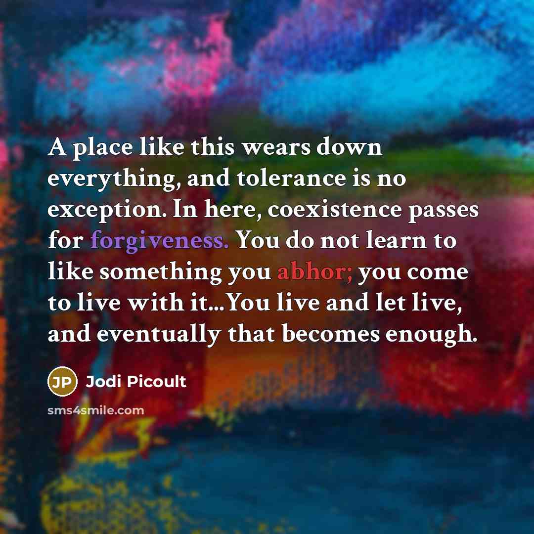 “A place like this wears down everything, and tolerance is no exception. In here, coexistence passes for forgiveness. You do not learn to like something you abhor; you come to live with it...You live and let live, and eventually that becomes enough.” quote by Jodi Picoult
