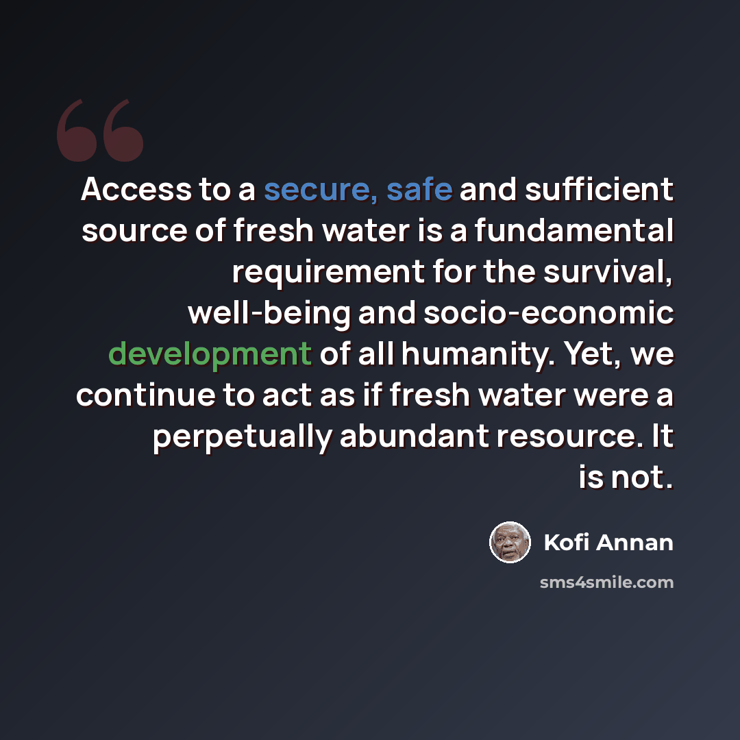“Access to a secure, safe and sufficient source of fresh water is a fundamental requirement for the survival, well-being and socio-economic development of all humanity. Yet, we continue to act as if fresh water were a perpetually abundant resource. It is not.” quote by Kofi Annan