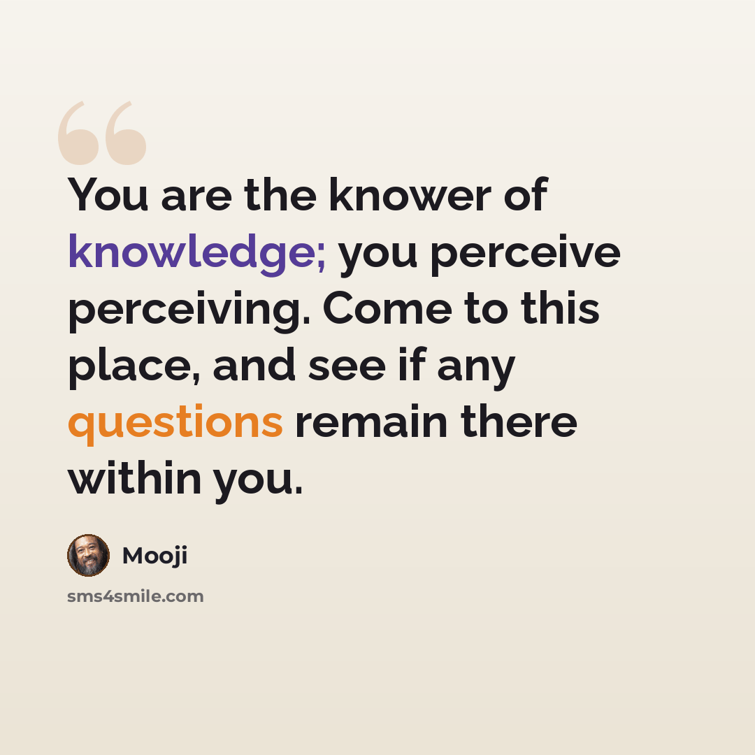 “You are the knower of knowledge; you perceive perceiving. Come to this place, and see if any questions remain there within you.” quote by Mooji