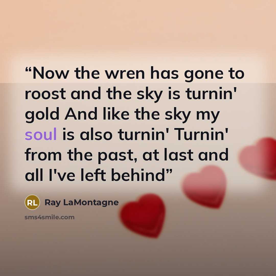 “Now the wren has gone to roost and the sky is turnin' gold And like the sky my soul is also turnin' Turnin' from the past, at last and all I've left behind” quote by Ray Lamontagne