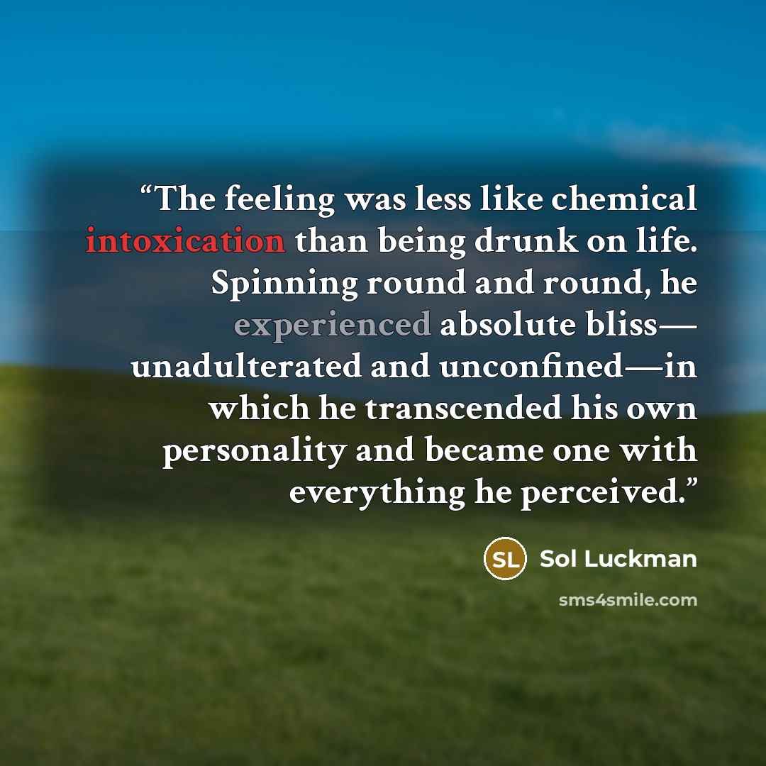 “The feeling was less like chemical intoxication than being drunk on life. Spinning round and round, he experienced absolute bliss— unadulterated and unconfined—in which he transcended his own personality and became one with everything he perceived.” quote by Sol Luckman