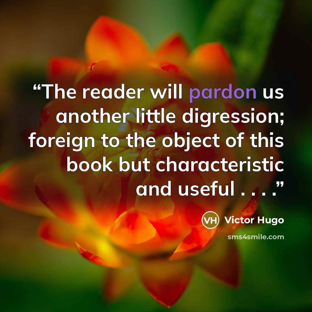 “The reader will pardon us another little digression; foreign to the object of this book but characteristic and useful . . . .” quote by Victor Hugo