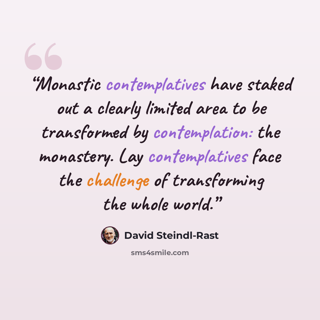 “Monastic contemplatives have staked out a clearly limited area to be transformed by contemplation: the monastery. Lay contemplatives face the challenge of transforming the whole world.” quote by David Steindl-Rast