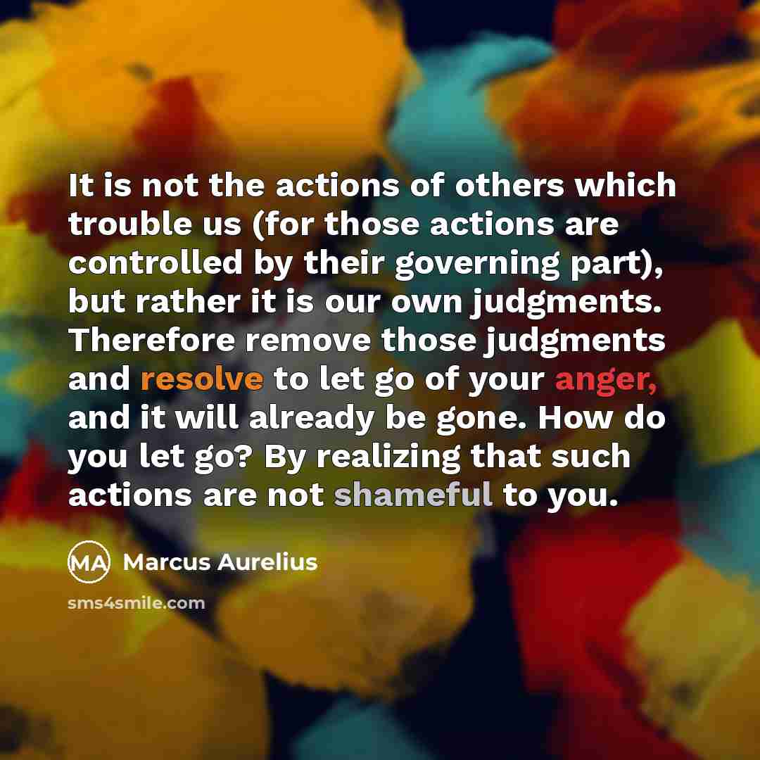“It is not the actions of others which trouble us (for those actions are controlled by their governing part), but rather it is our own judgments. Therefore remove those judgments and resolve to let go of your anger, and it will already be gone. How do you let go? By realizing that such actions are…” quote by Marcus Aurelius