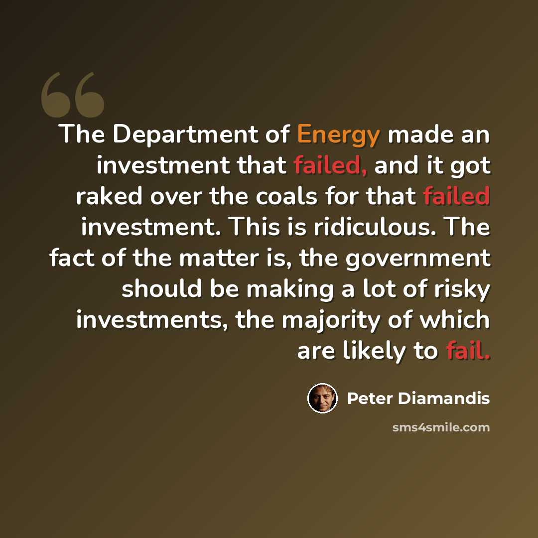 “The Department of Energy made an investment that failed, and it got raked over the coals for that failed investment. This is ridiculous. The fact of the matter is, the government should be making a lot of risky investments, the majority of which are likely to fail.” quote by Peter Diamandis