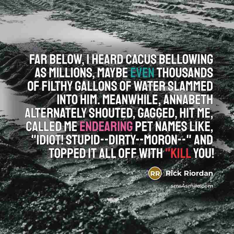 “Far below, I heard Cacus bellowing as millions, maybe even thousands of filthy gallons of water slammed into him. Meanwhile, Annabeth alternately shouted, gagged, hit me, called me endearing pet names like, "Idiot! Stupid--dirty--moron--" and topped it all off with "Kill you!” quote by Rick Riordan