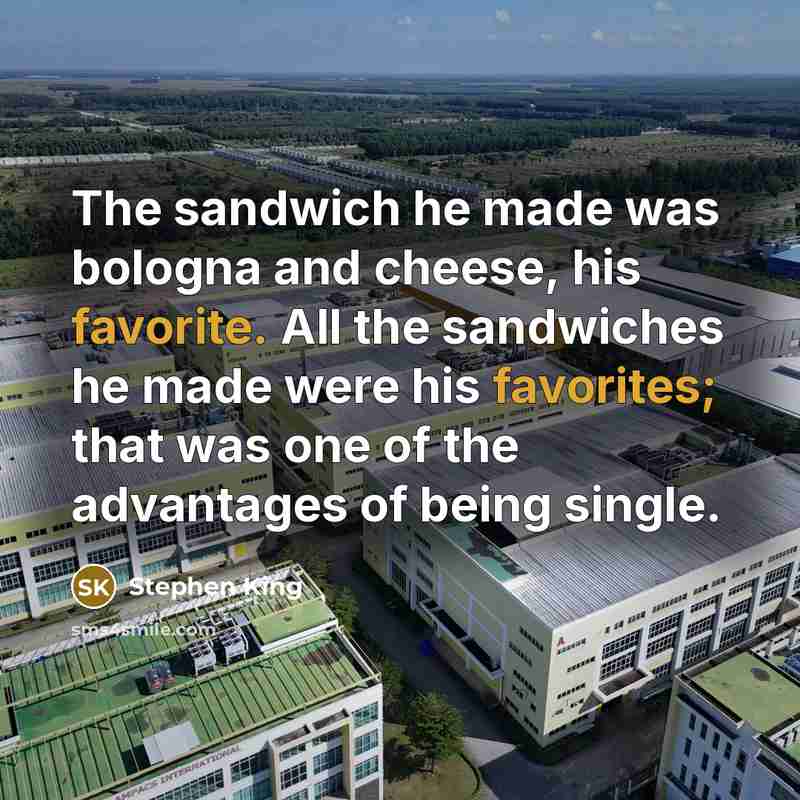 “The sandwich he made was bologna and cheese, his favorite. All the sandwiches he made were his favorites; that was one of the advantages of being single.” quote by Stephen King