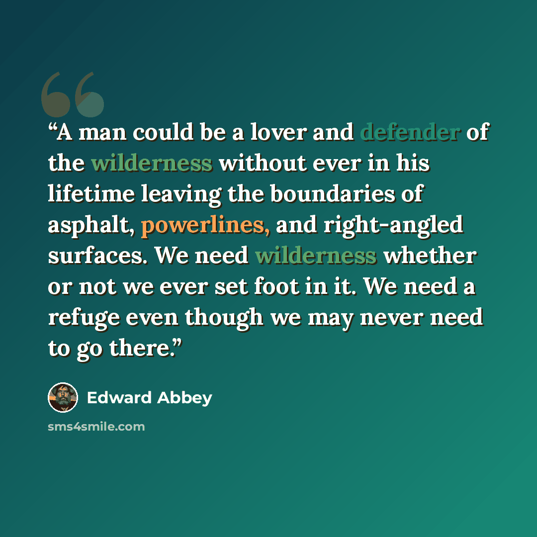“A man could be a lover and defender of the wilderness without ever in his lifetime leaving the boundaries of asphalt, powerlines, and right-angled surfaces. We need wilderness whether or not we ever set foot in it. We need a refuge even though we may never need to go there.” quote by edward abbey